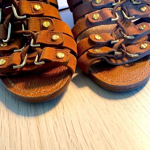 Tory Burch Gladiator Brown Sandal Gold 6 1/2 M Leather Wedge Ankle Strap Boho - Picture 12 of 14